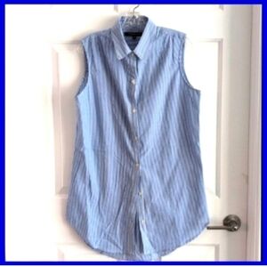 Blue striped sleeveless button-up casual Collared Shirt swim coverup 100%Cotton